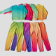 Product shot of four multicolored Truly sweatsuits on an off-white background